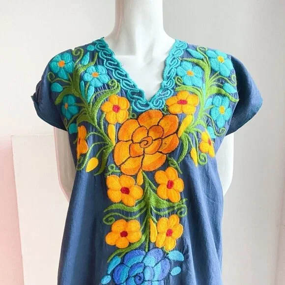 Vintage Navy Blue Cotton Floral Embroidered Tunic Dress L - Picture 3 of 7